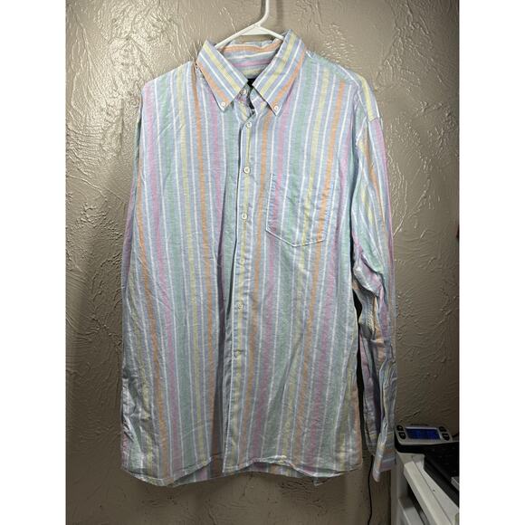 Canali Mens Blue Pink Orange Green Striped Cotton Italian Casual Dress Shirt XXL - Picture 1 of 5